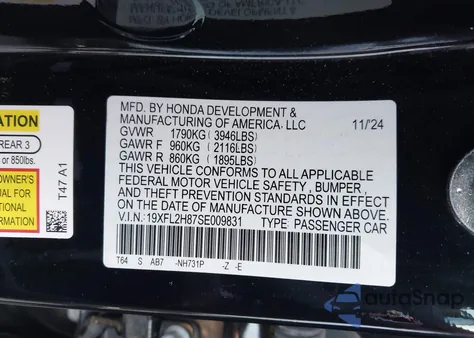 2025 Honda Civic Sedan Sport z USA, uszkodzony, nr VIN 19XFL2H87SE009831